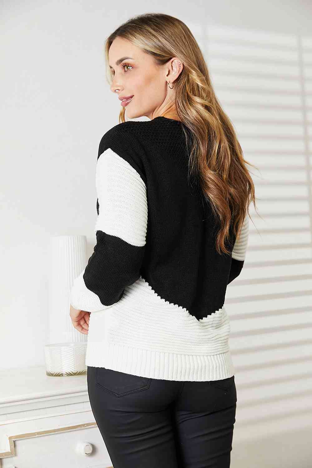 Women' s Woven Right Two-Tone Openwork Rib-Knit Sweater