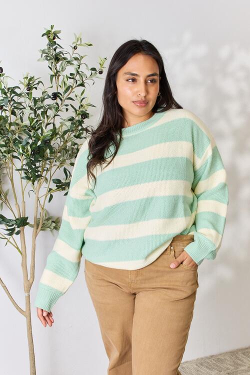 Women's Sew In Love Full Size Contrast Striped Round Neck Sweater