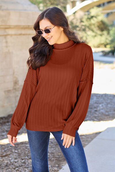 Basic Bae Full Size Ribbed Exposed Seam Mock Neck Knit Top Sweater