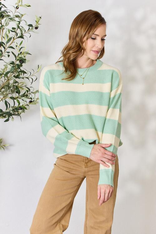 Women's Sew In Love Full Size Contrast Striped Round Neck Sweater