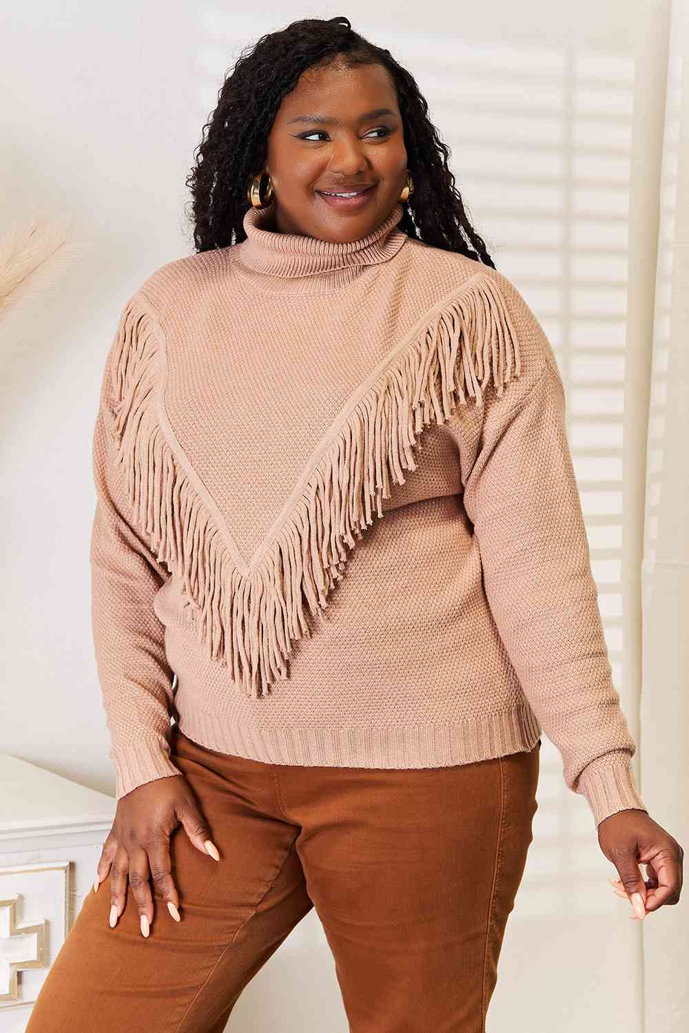 Women Woven Right Turtleneck Fringe Front Long Sleeve Sweater