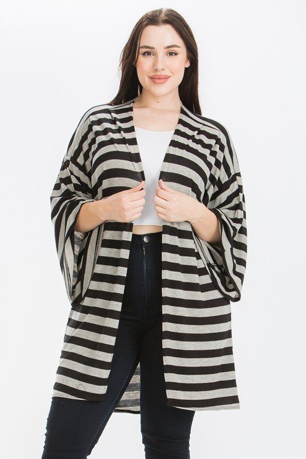 Women's Plus Striped, Cardigan With Kimono Style Sleeves