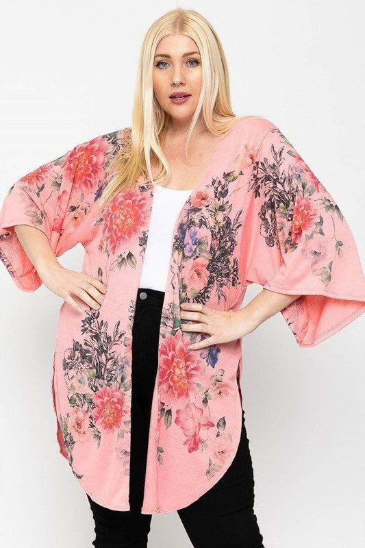 Women's Plus Floral Print, Long Body Cardigan