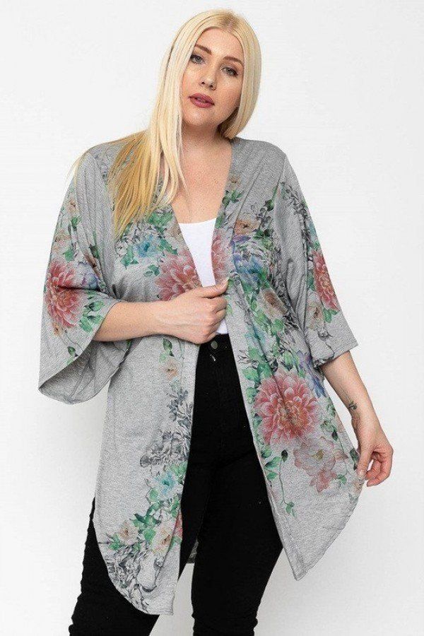 Women's Plus Floral Print, Long Body Cardigan