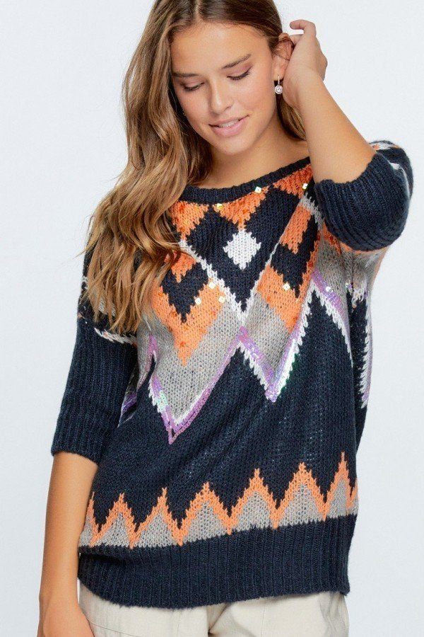 Women's Aztec Pattern With Glitter Accent Sweater