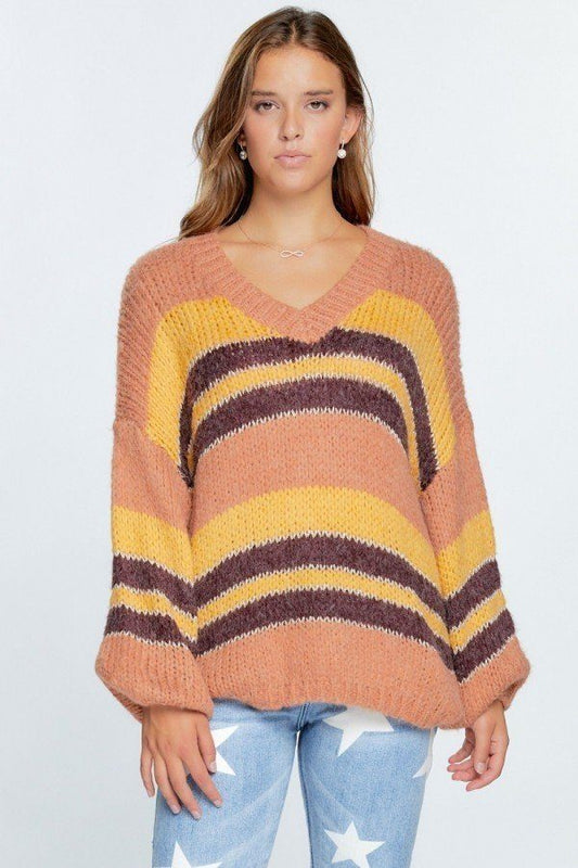 Women's V-neck Cozy Thick Knit Stripe Pullover Sweater