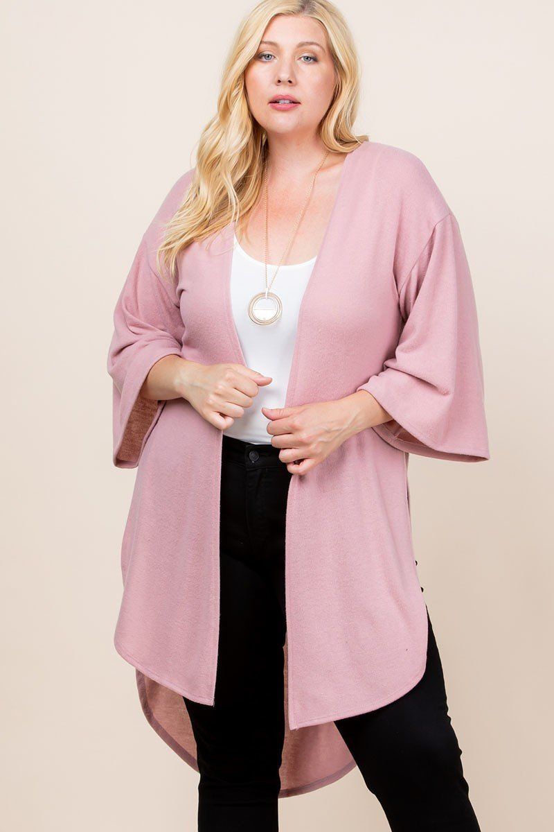 Women's Plus Size Solid Hacci Brush Open Front Long Cardigan With Bell Sleeves