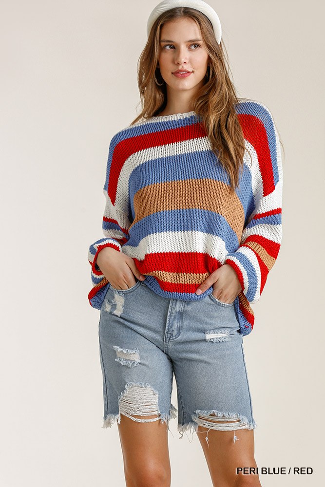 Women's Fashion Multicolored Stripe Round Neck Long Sleeve Knit Sweater