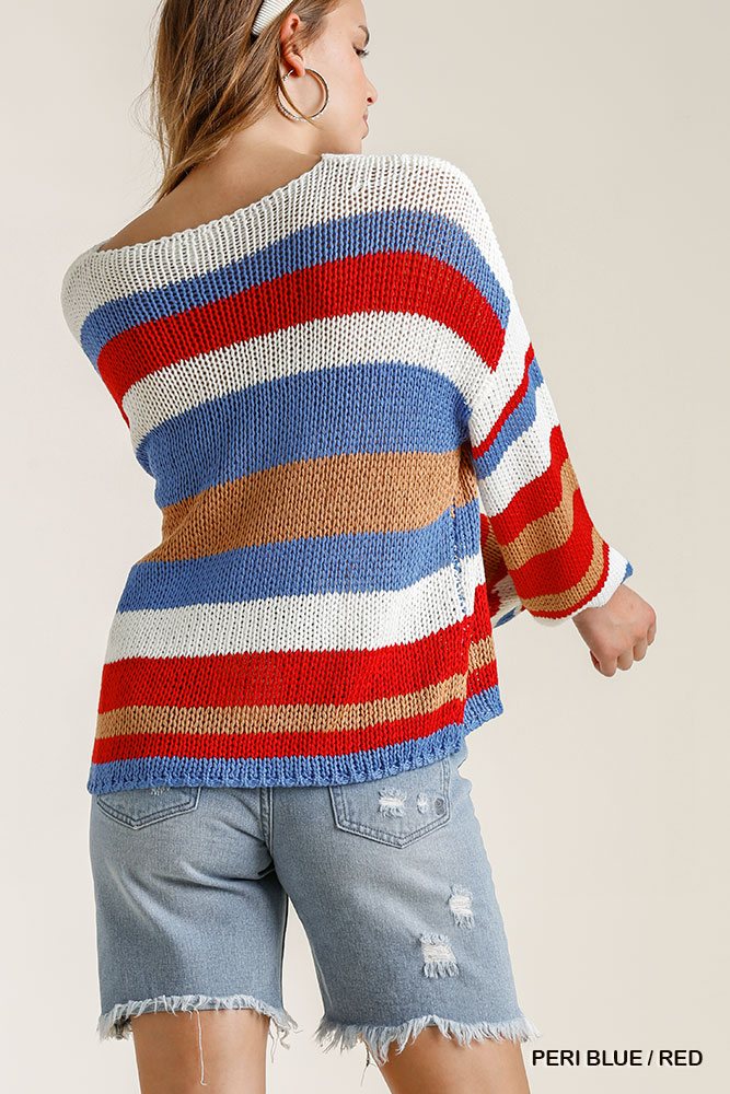 Women's Fashion Multicolored Stripe Round Neck Long Sleeve Knit Sweater