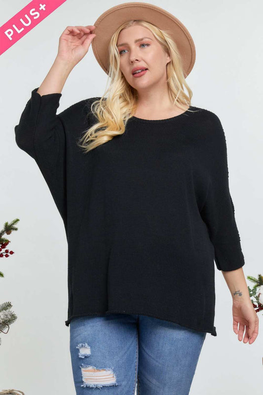 Women's Plus Solid Round Neck 3/4 Sleeve Sweater Top