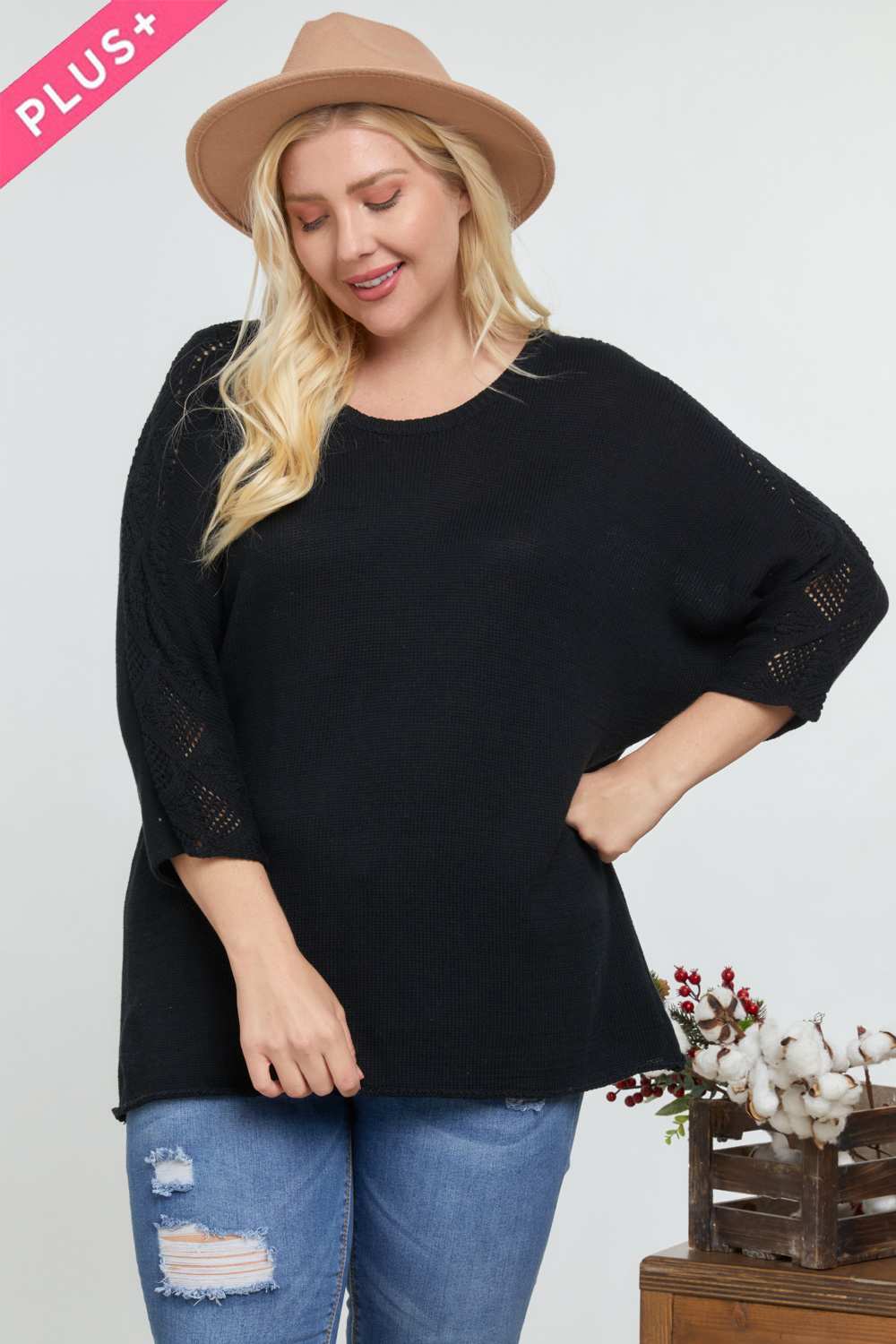 Women's Plus Solid Round Neck 3/4 Sleeve Sweater Top