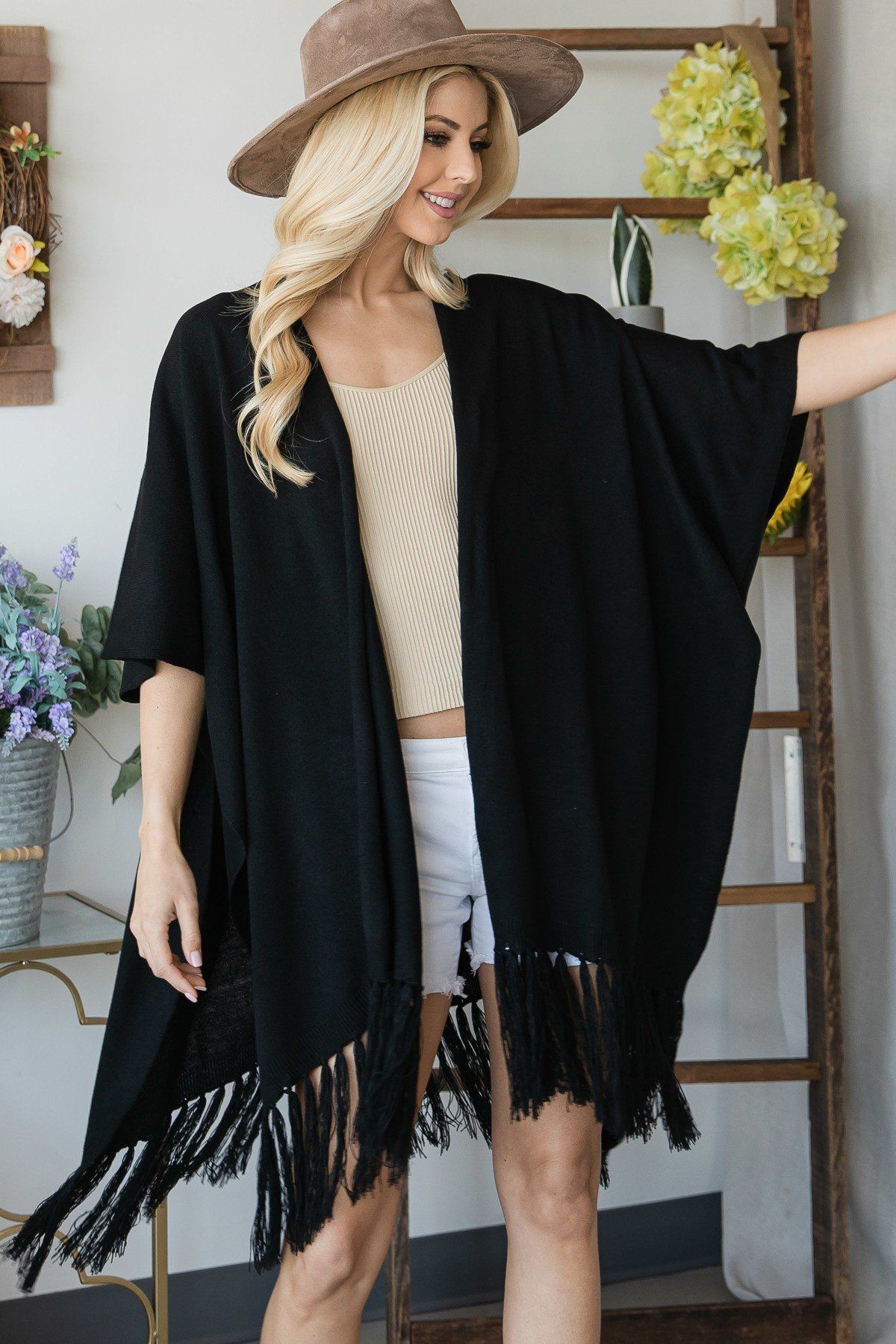 Women's Draped Poncho Cardigan With String Detail