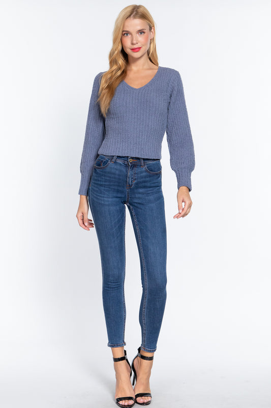 Women's Long Puff Slv V-neck Rib Sweater