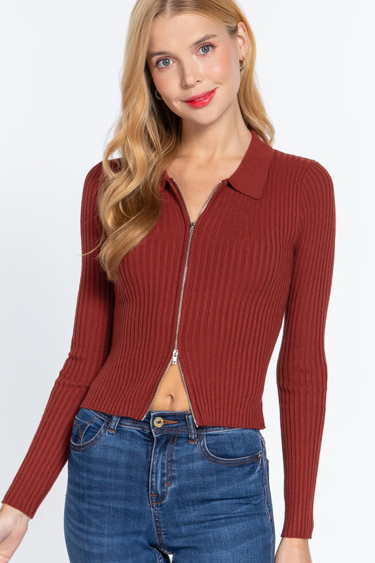 Women's Notched Collar Zippered Sweater