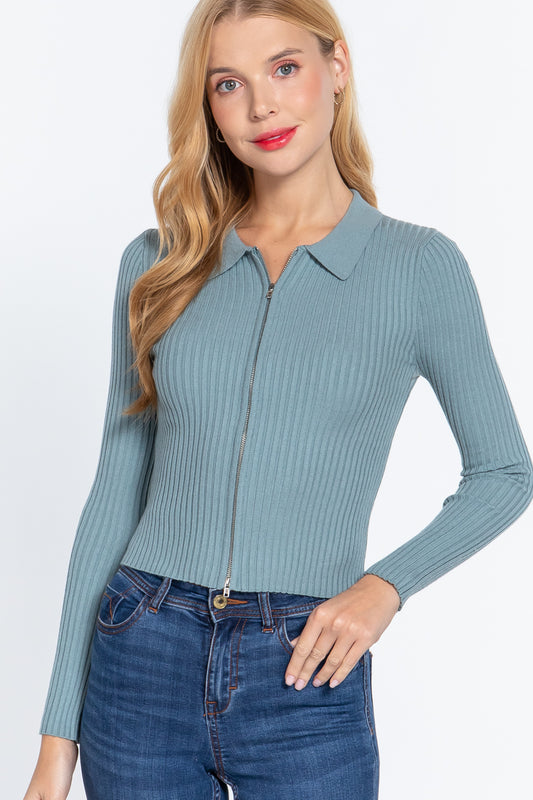 Women's Notched Collar Zippered Sweater