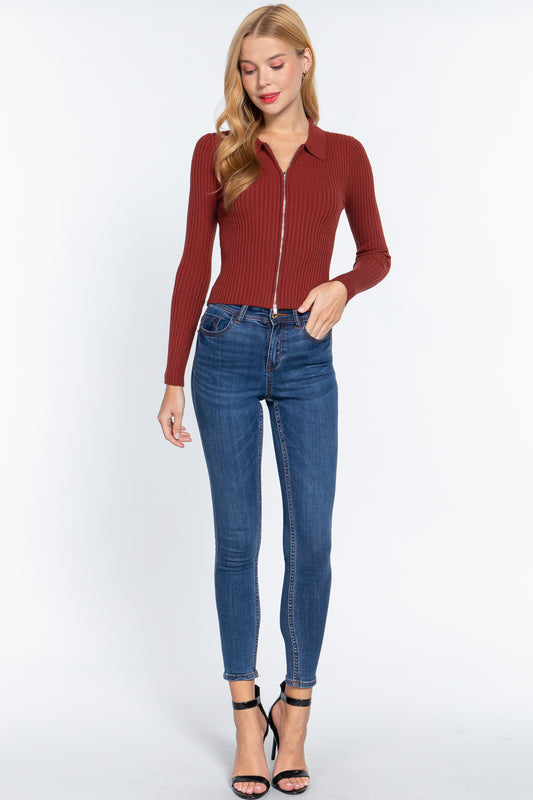 Women's Notched Collar Zippered Sweater