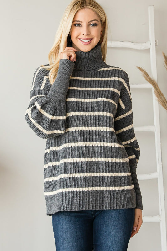 Women's Heavy Knit Striped Turtle Neck Knit Sweater