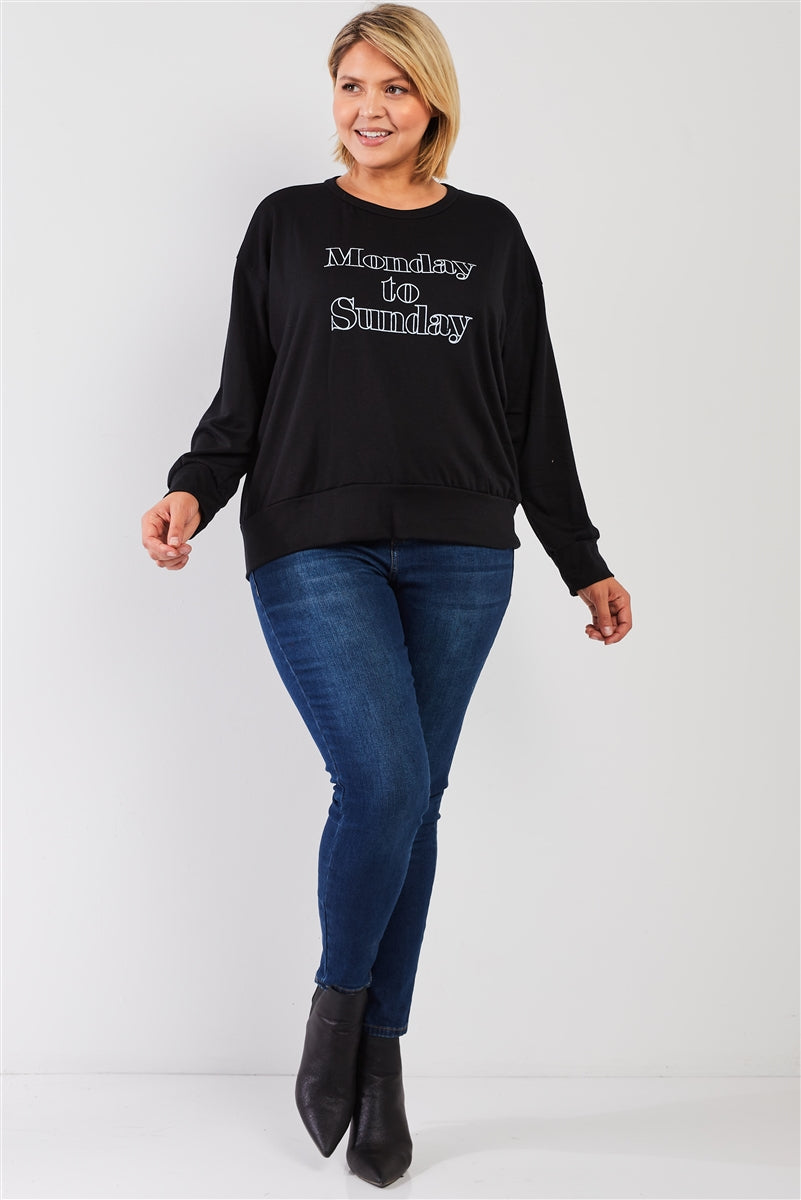 Women's Plus Black "monday Sunday" Print Long Sleeve Relaxed Sweatshirt Top