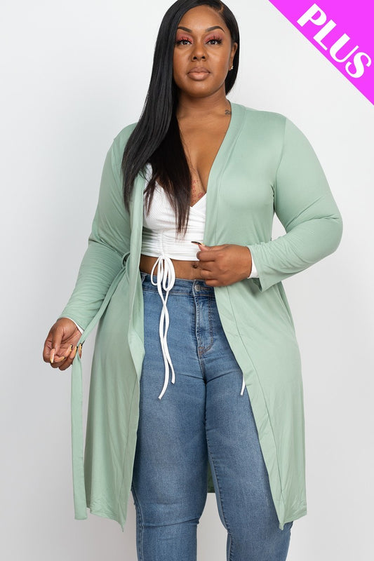 Women's Plus Long Sleeves Belted Cardigan