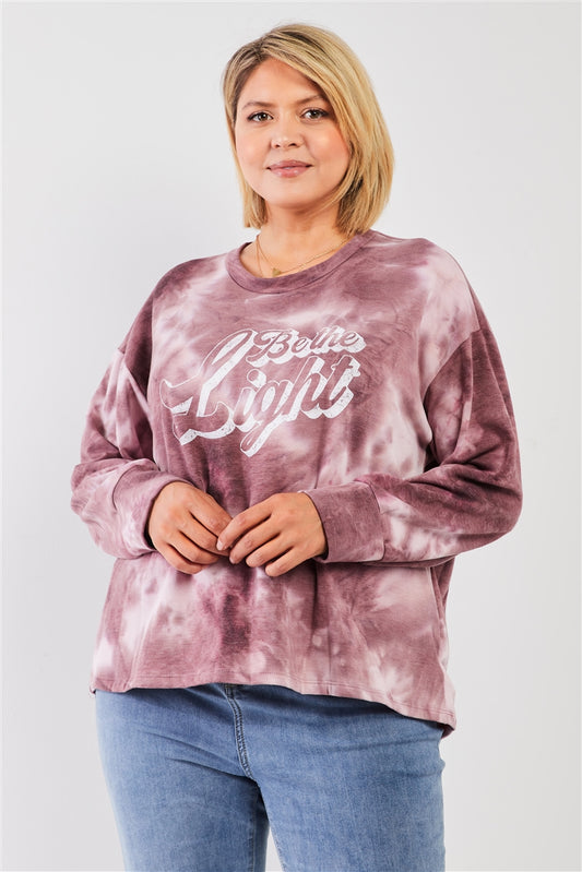 Women's Plus Mauve & Purple Tie-dye Bleach Effect Graphic Print Detail Long Sleeve Sweatshirt