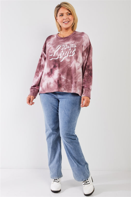 Women's Plus Mauve & Purple Tie-dye Bleach Effect Graphic Print Detail Long Sleeve Sweatshirt