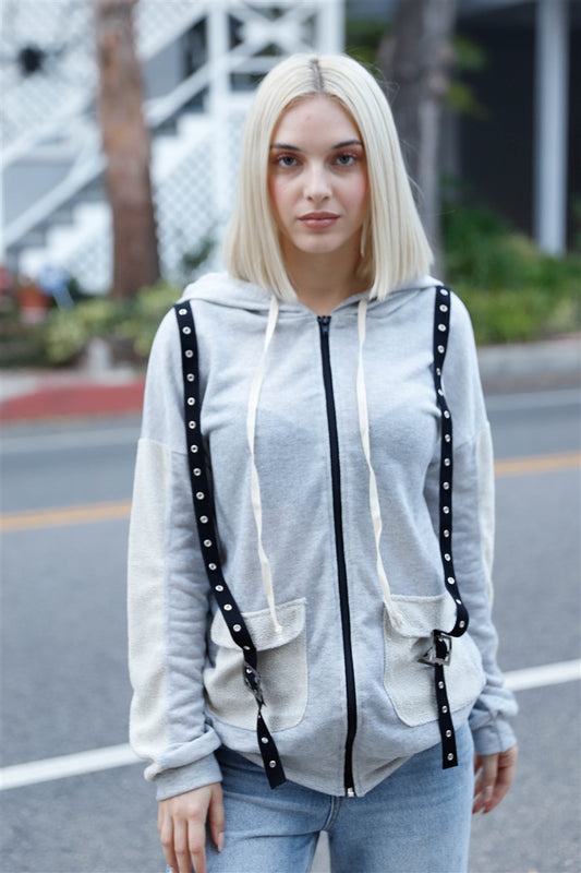 Women's Belt & Reversed Details Zip-up Hooded Sweater