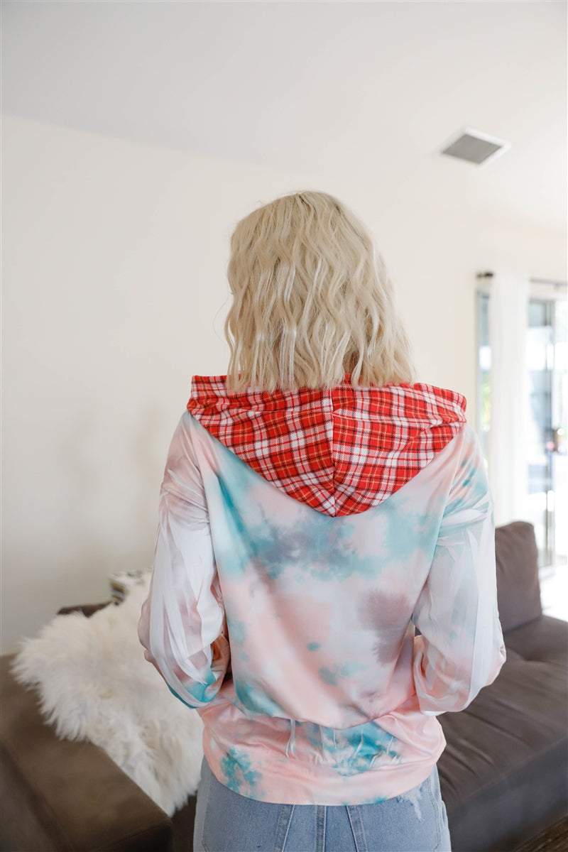 Women's Feather & Tie-dye Print Contrast Plaid Hood Sweater