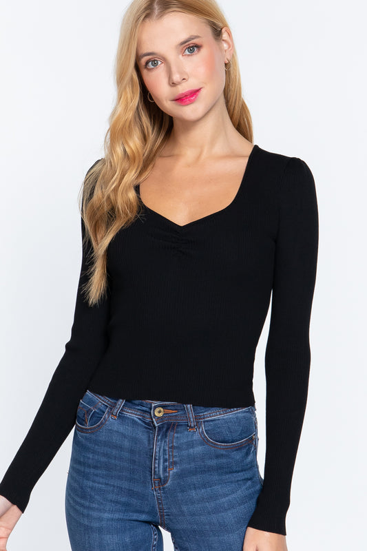 Women's  Shirring Sweatheart Neck Sweater