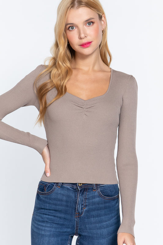 Women's Shirring Sweatheart Neck Sweater