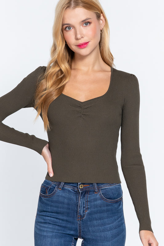 Women's Shirring Sweatheart Neck Sweater