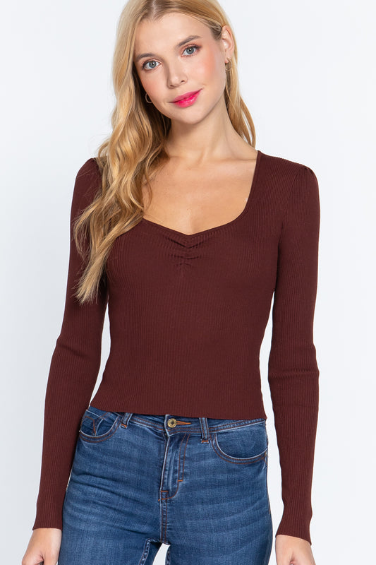 Women's Shirring Sweatheart Neck Sweater