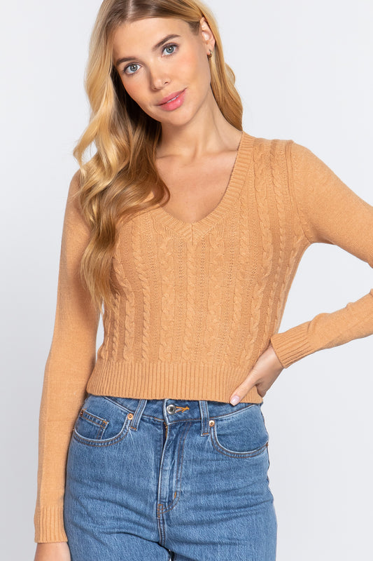 Women's Long Sleeve V-neck Cable Sweater