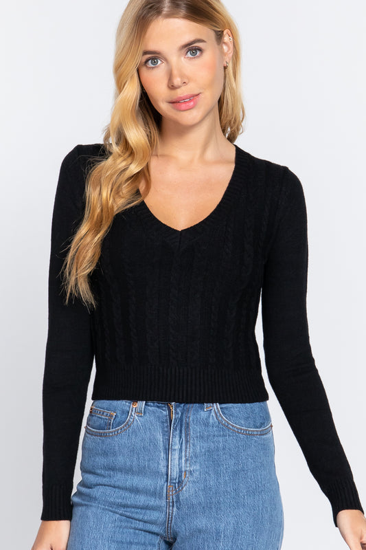 Women's Long Sleeve V-neck Cable Sweater