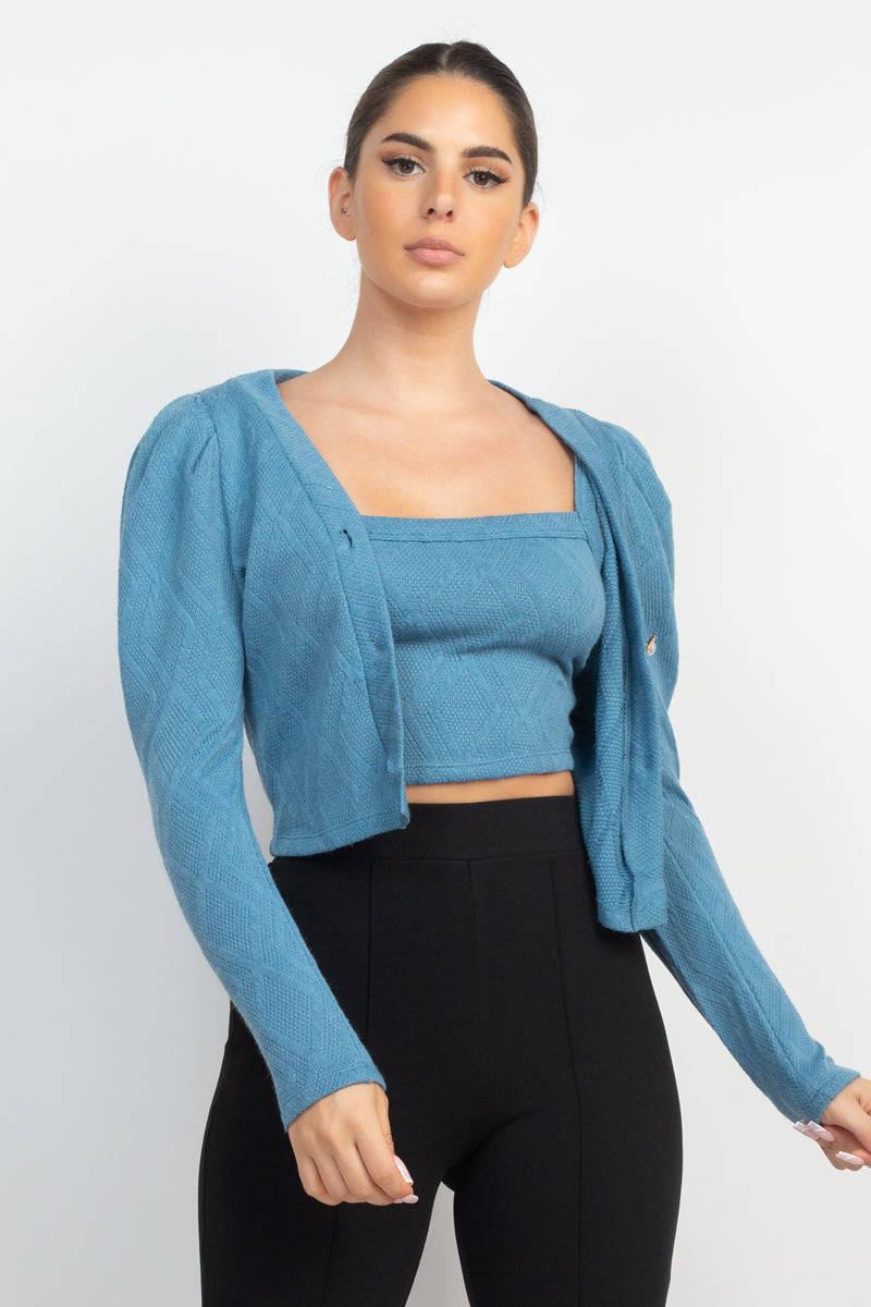 Women's Geometric Cami Puff Sleeves Blazer Top Set