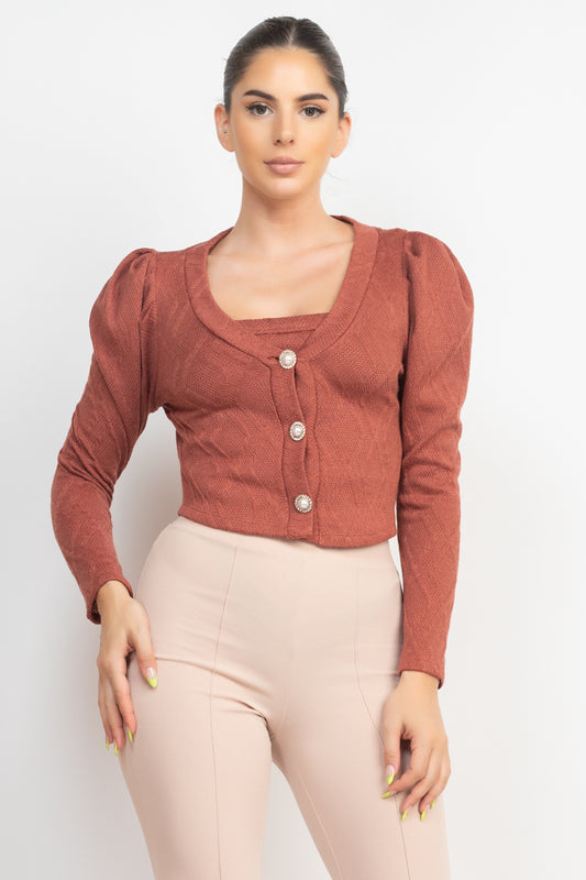 Women's Geometric Cami Puff Sleeves Blazer Top Set