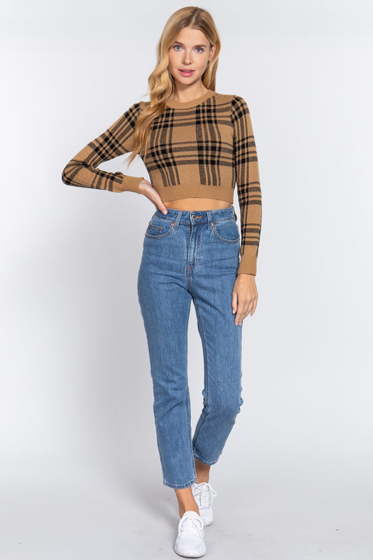 Women's Long Slv Check Crop Sweater