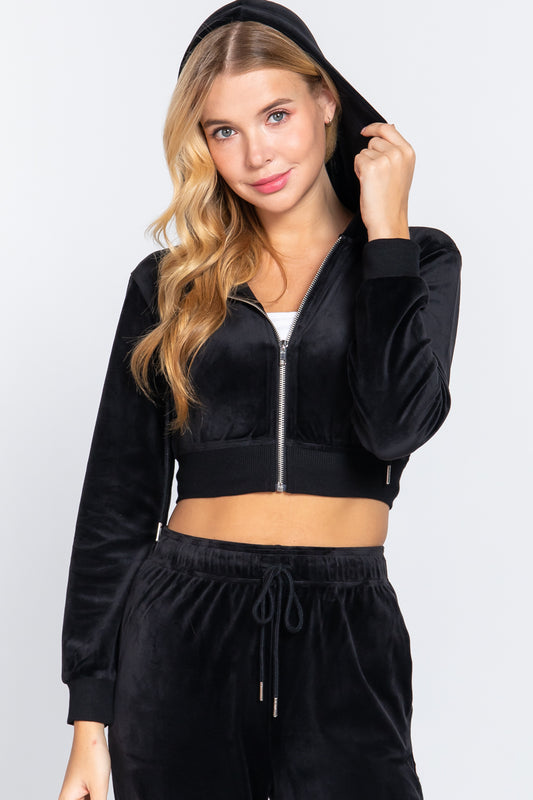 Women's Long Slv Velour Hoodie Crop Jacket