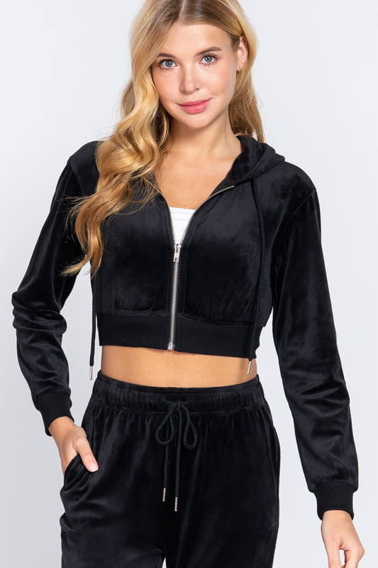 Women's Long Slv Velour Hoodie Crop Jacket