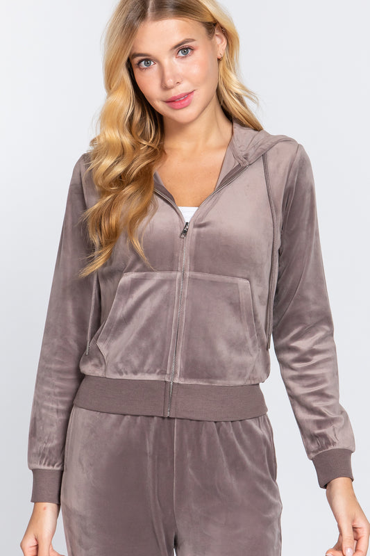 Women's Long Sleeve Velour Hoodie Zip Up Jacket