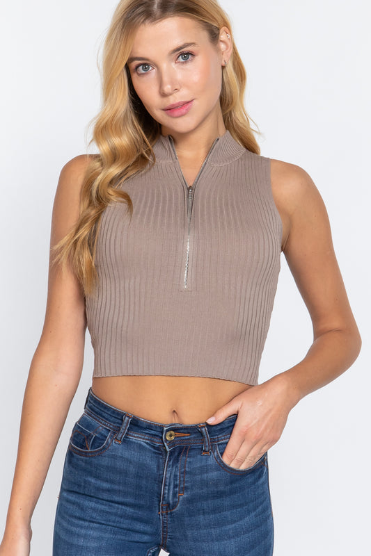 Women's Sleeveless Rib Sweater Top W/zipper