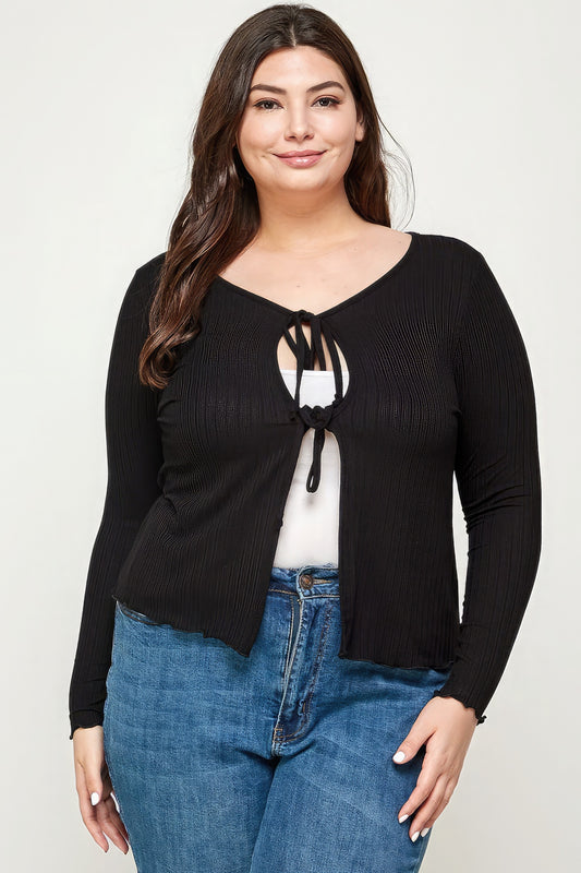 Women's Plus Solid Ribbed Pointelle Cardigan