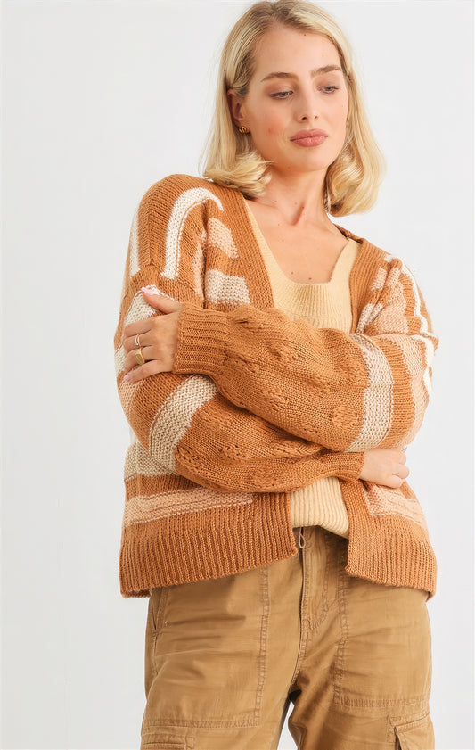 Women's Camel Striped Crochet Knit Two Pocket Open Front Cardigan