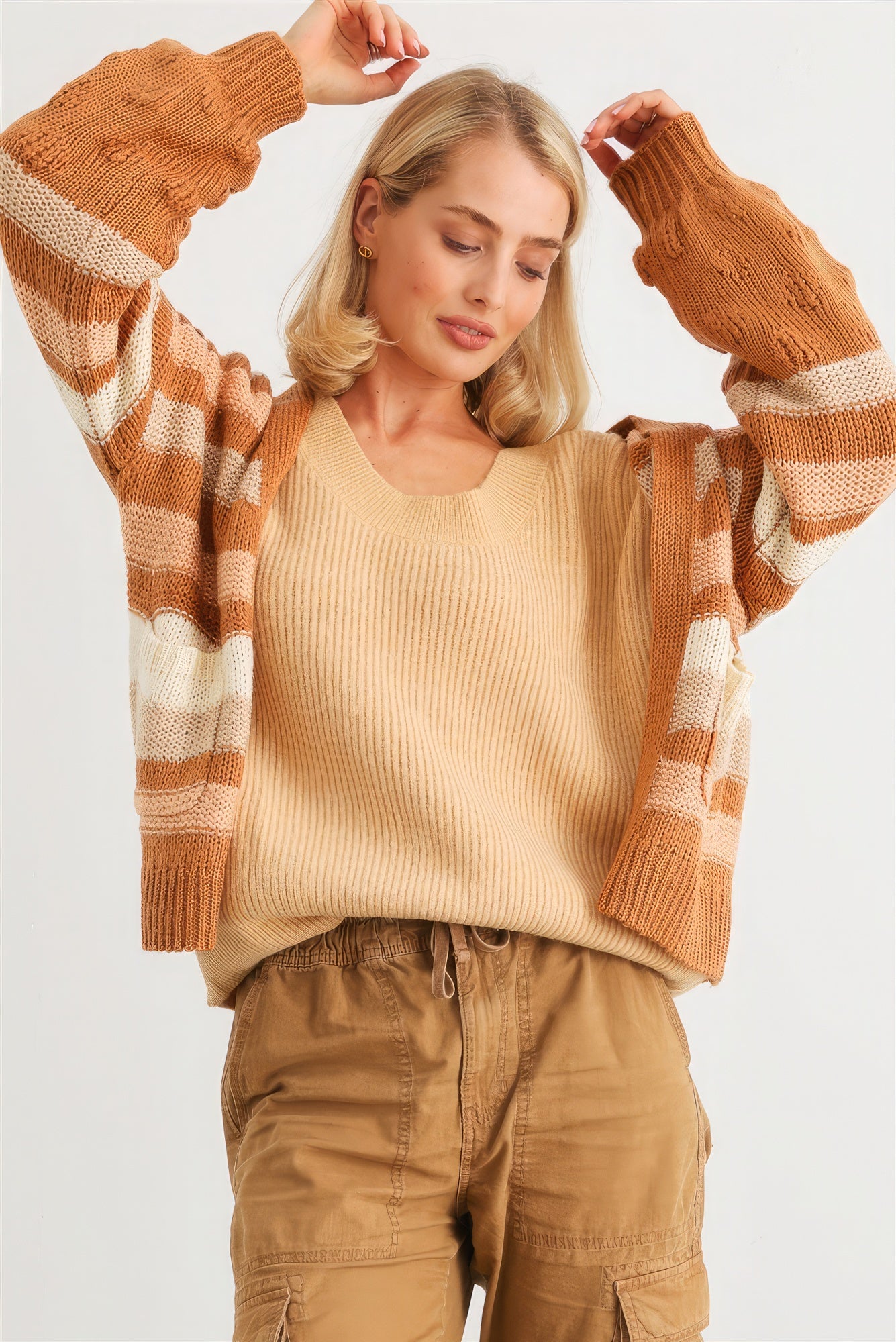 Women's Camel Striped Crochet Knit Two Pocket Open Front Cardigan