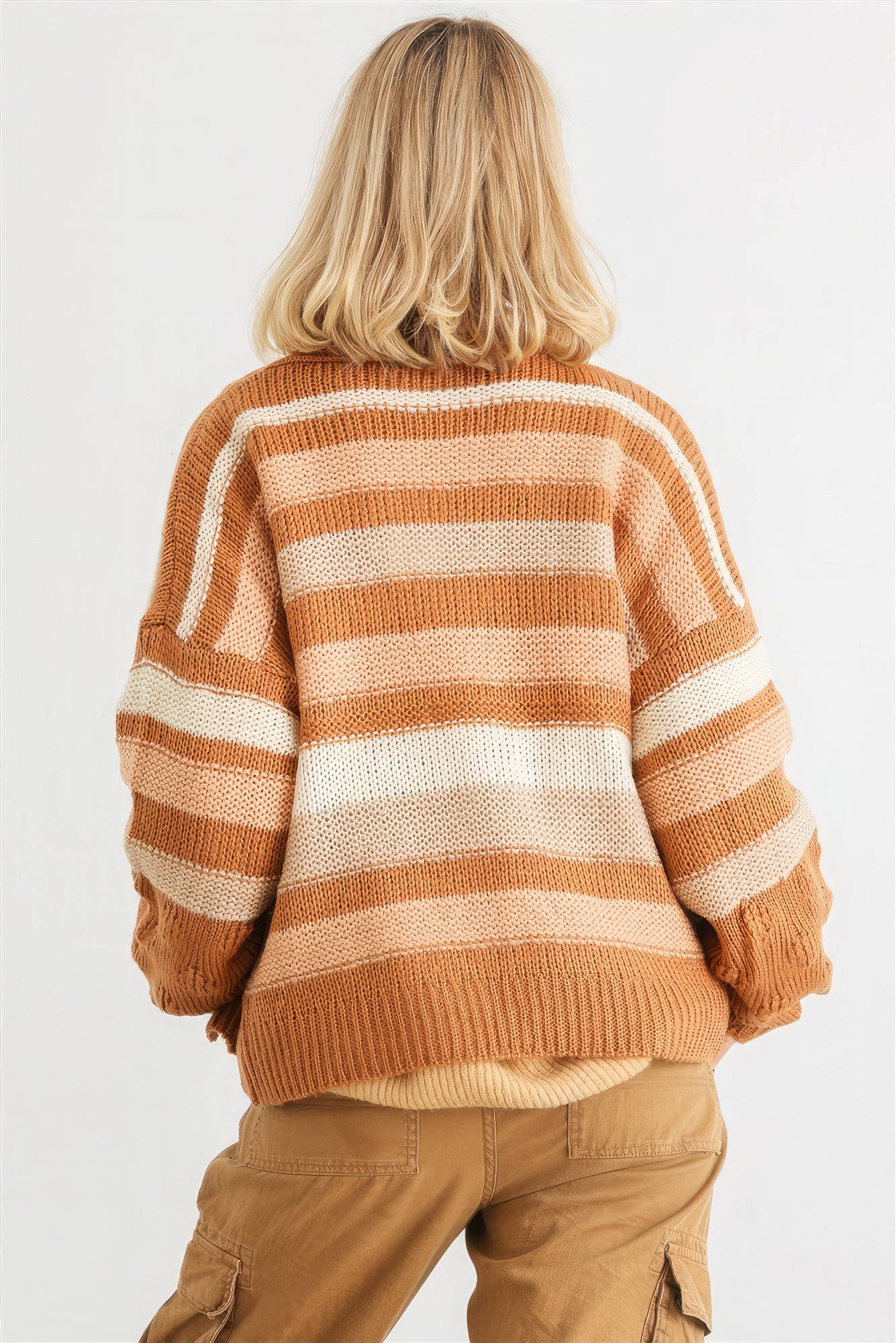 Women's Camel Striped Crochet Knit Two Pocket Open Front Cardigan