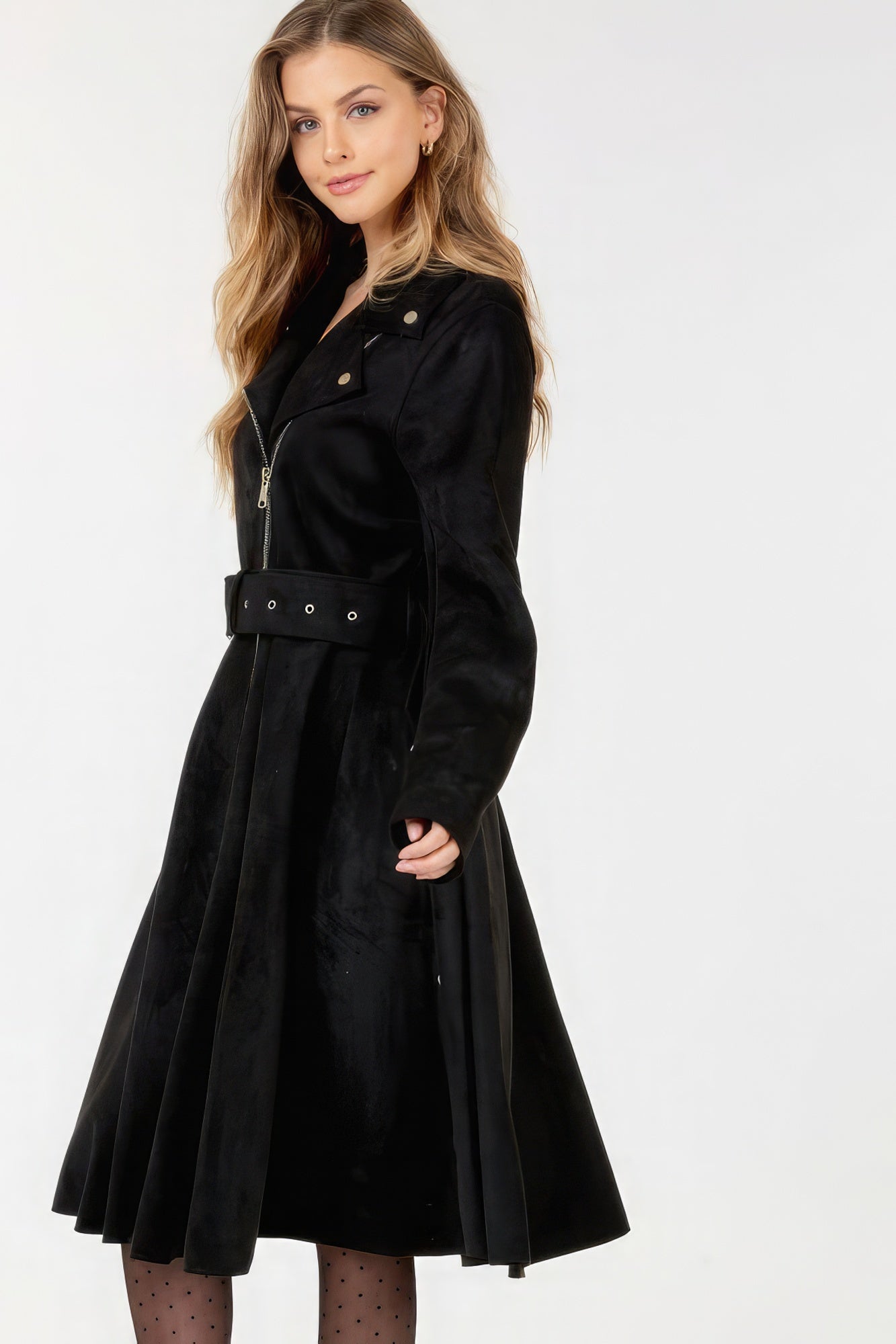 Women's Waist Belt Tacked Faux Suede Coat Solid Coat