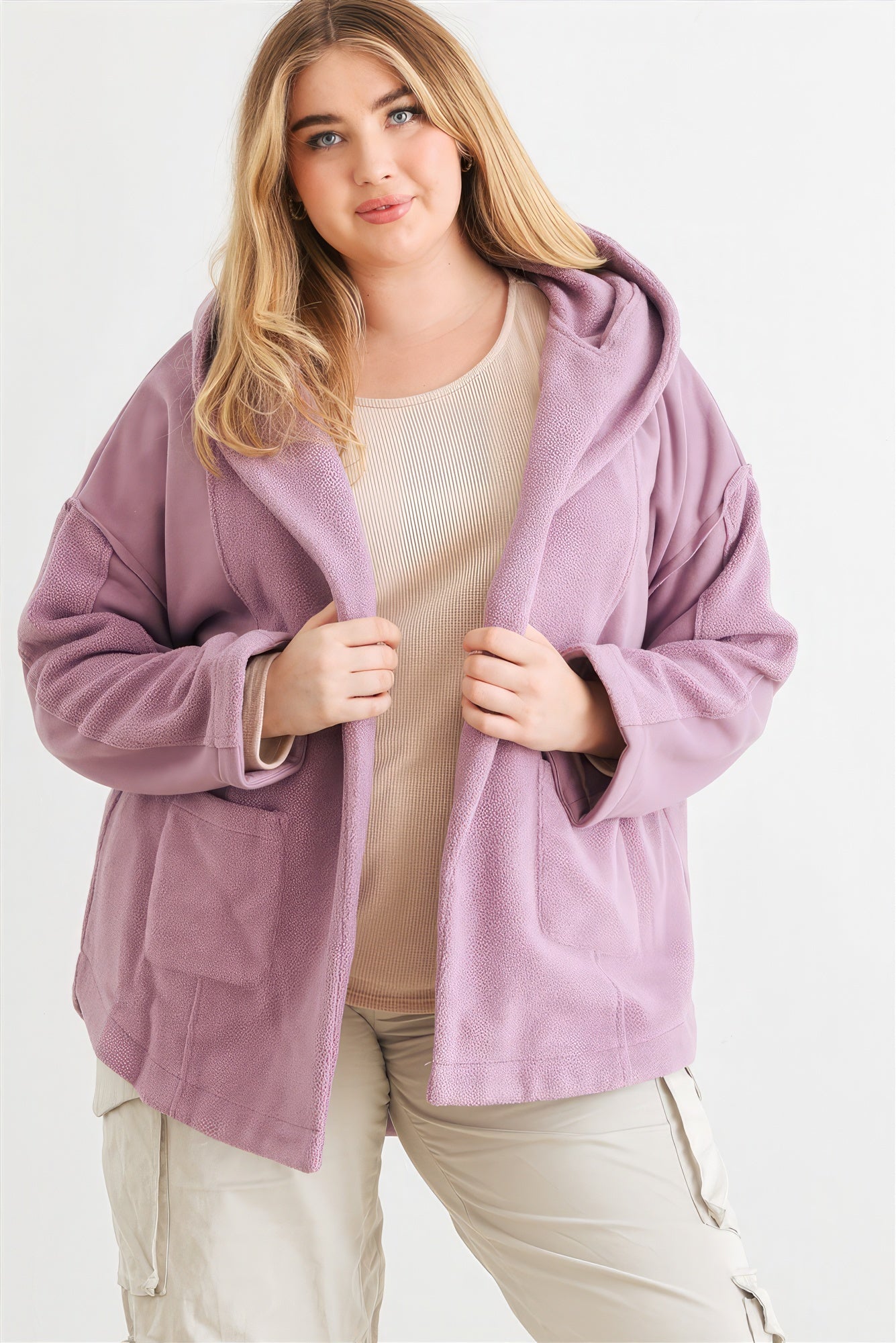 Women's Plus Two Pocket Open Front Soft To Touch Hooded Cardigan Jacket