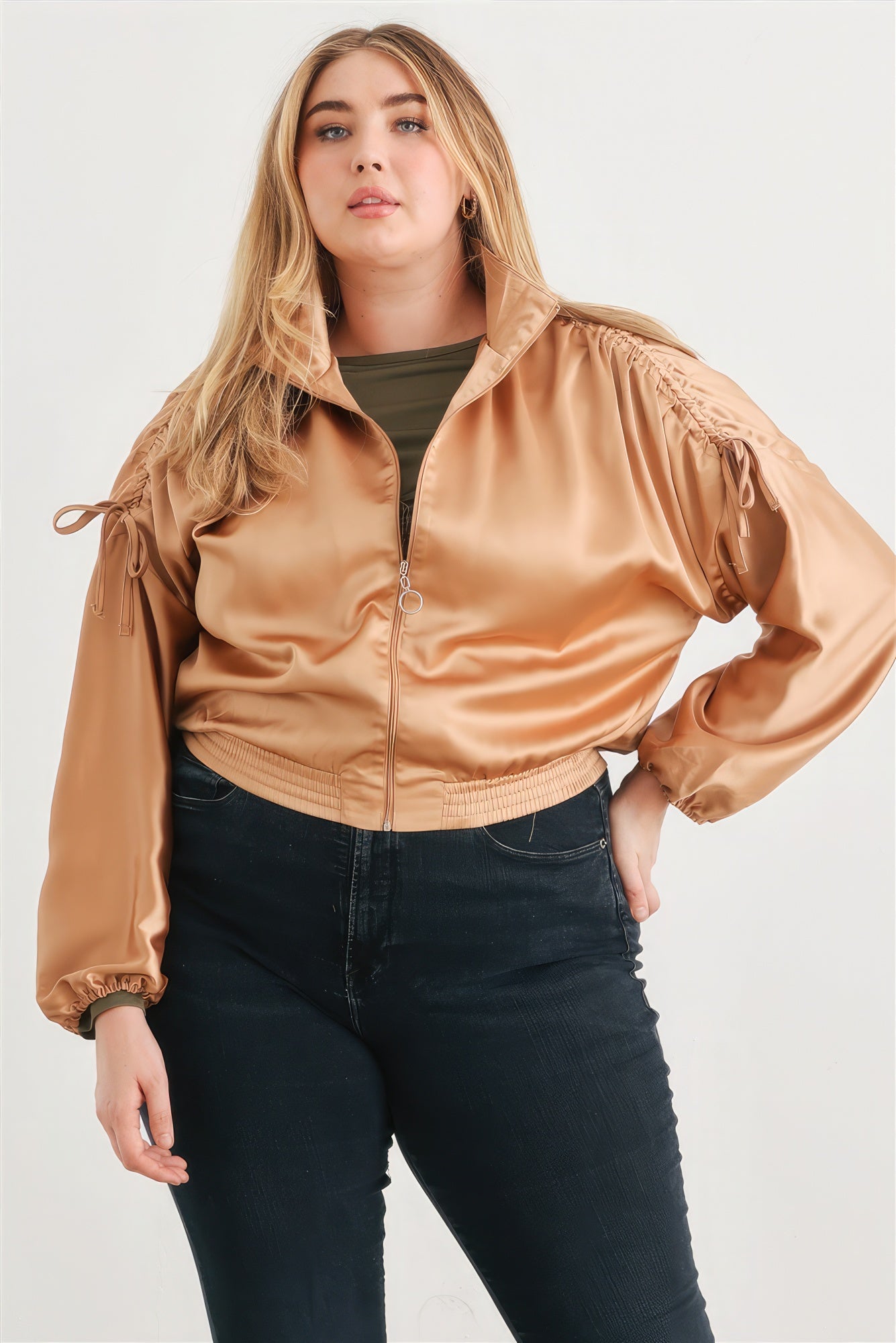 Women's Plus Satin Zip-up Ruched Long Sleeve Cropped Bomber Jacket