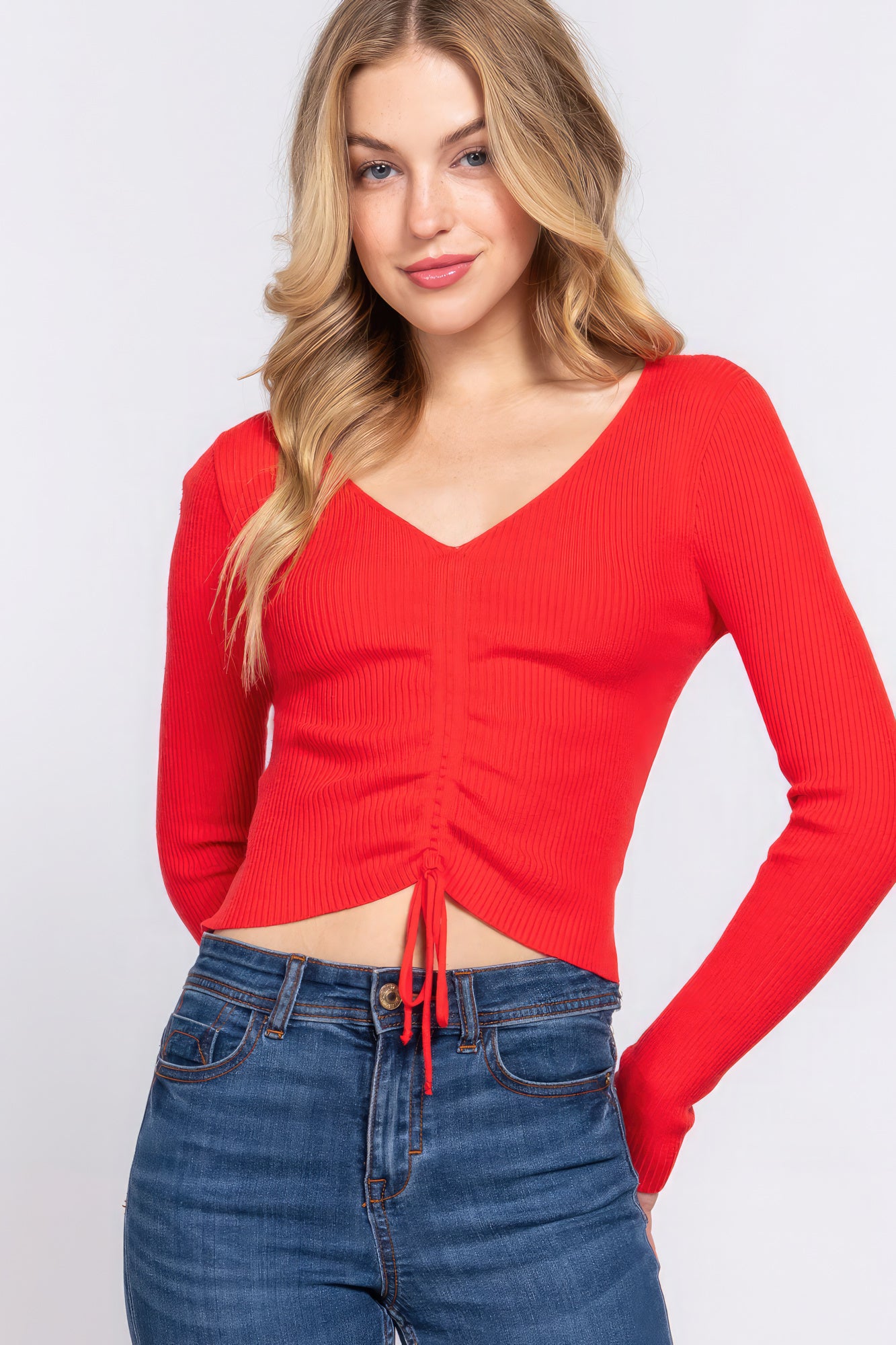 Women's V-neck Shirring Tie Detail Sweater