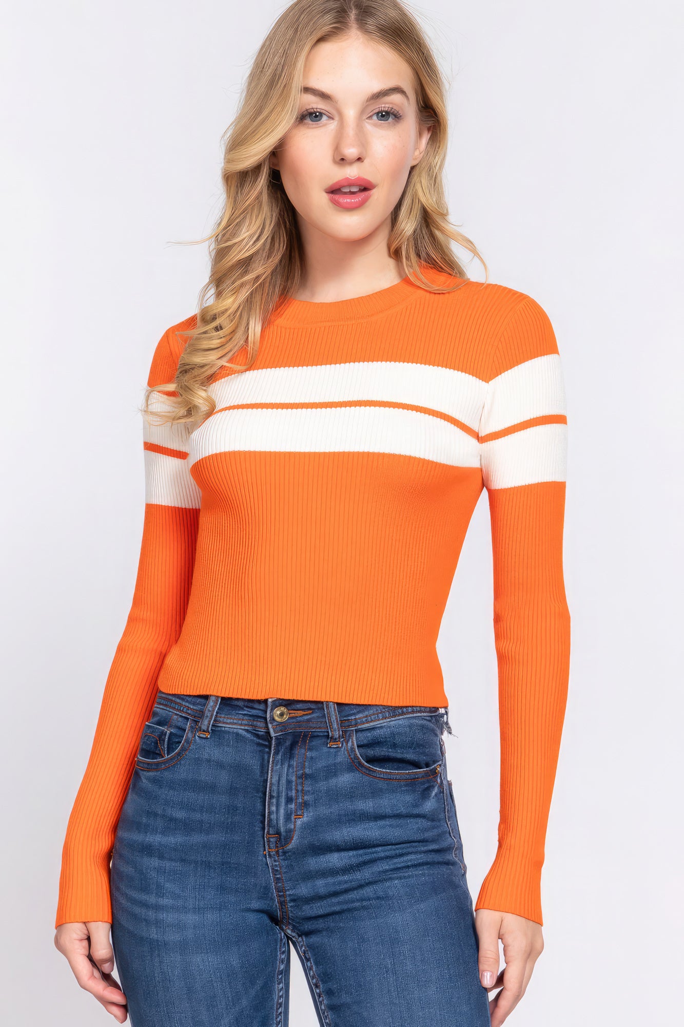 Women's Long Slv Stripe Rib Sweater