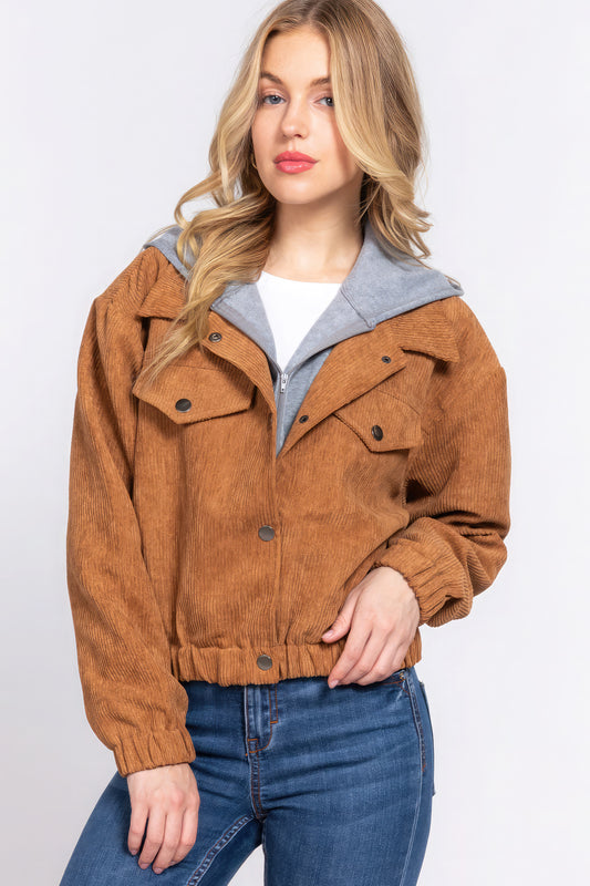 Women's Long Slv Hoodie Corduroy Jacket